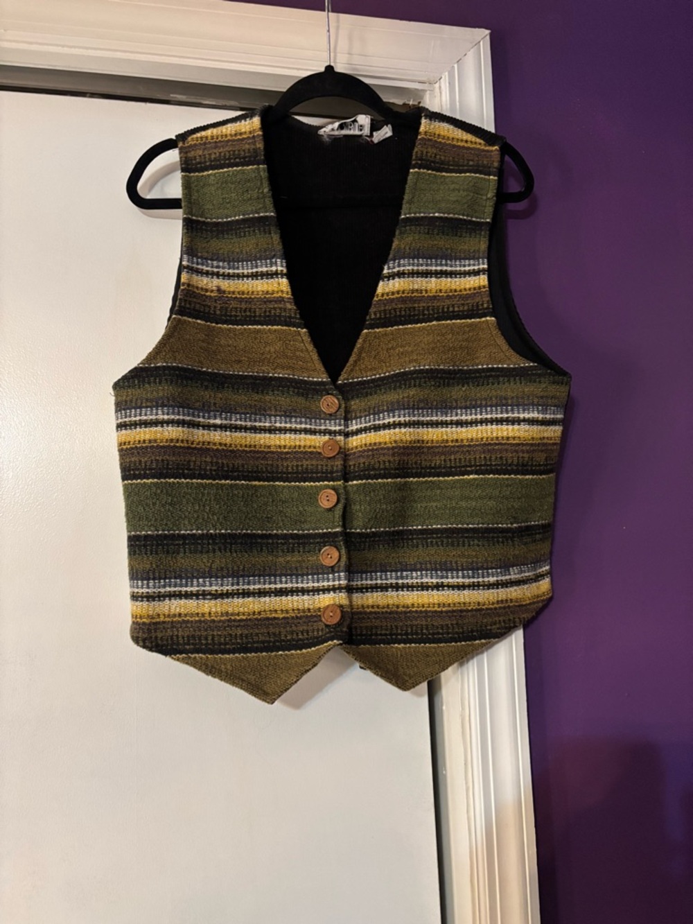 Vintage Tangibles Striped Knit Button-Front Vest in Olive and Mustard Corduroy